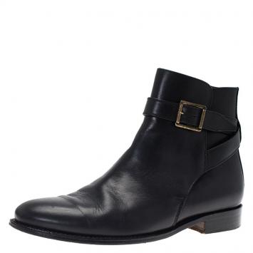 Pre Owned Burberry Black Leather Buckle Ankle Boots Size 38.5