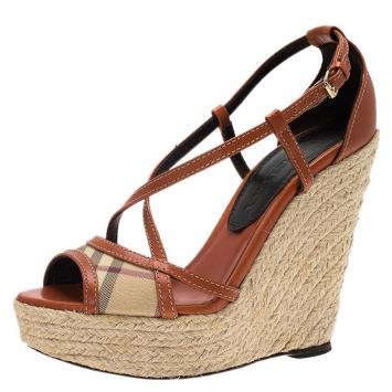 Pre Owned Burberry Orange Leather Novacheck Cross Strap Espadrille Wedge Sandals Size 37.5