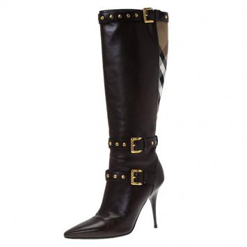 Pre Owned Burberry Brown Leather and Novacheck Canvas Bridle Rivet Knee Boots Size 38