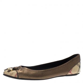 Pre Owned Burberry Metallic Bronze Leather and Novacheck Canvas Ballet Flats Size 38.5