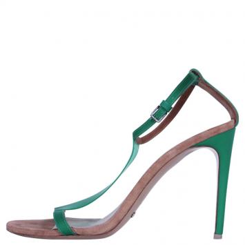 Pre Owned Burberry Prorsum Green Leather and Vinyl Taylor T Strap Sandals Size 39