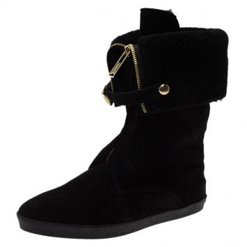 Pre Owned Burberry Black Suede and Shearling Mid Calf Boots Size 37
