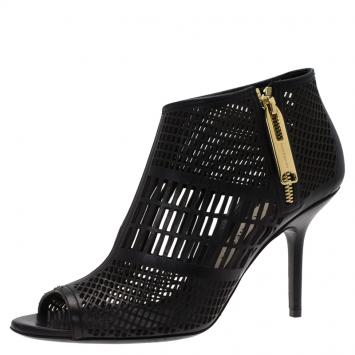 Pre Owned Burberry Black Cutout Leather Baynton Peep Toe Ankle Boots Size 38.5