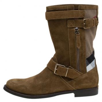 Pre Owned Burberry Brown Suede and Novacheck Canvas Grantville Mid Calf Boots Size 39.5