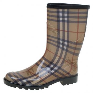 Pre Owned Burberry Beige Housecheck Rubber Rain Boots Size 39