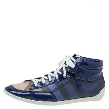 Pre Owned Burberry Blue Ombre Nova Check Canvas and Leather Hi Top Sneakers Size 39