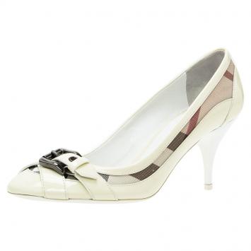 Pre Owned Burberry Cream Patent Leather and Canvas Buckle Pumps Size 38