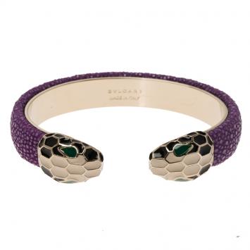 Pre Owned Bvlgari Serpenti Forever Enamel & Violet Galuchat Leather Gold Plated Open Cuff Bracelet 15 cm
