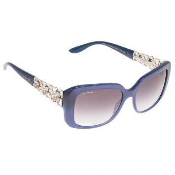 Pre Owned Bvlgari Blue Silver Tone Flower Crystal Embellished Square Sunglasses