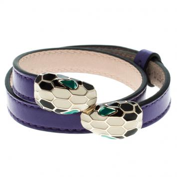 Pre Owned Bvlgari Serpenti Forever Enamel Violet Double Coiled Leather Gold Plated Bracelet
