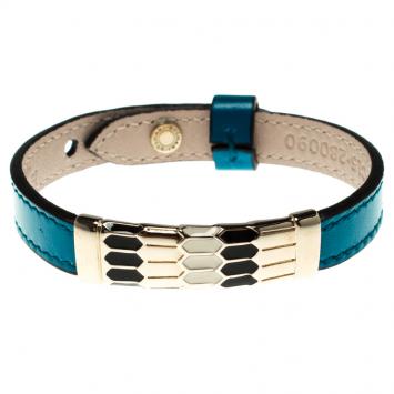 Pre Owned Bvlgari Scaglie Enamel Ocean Turquoise Leather Gold Plated Bracelet