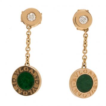 Pre Owned Bvlgari Bvlgari Diamond &  Jadeite Jade Rose Gold Dangle Earrings