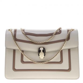 Pre Owned Bvlgari Off White/Beige Leather Medium Serpenti Forever Shoulder Bag