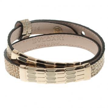 Pre Owned Bvlgari Scaglie Glitter Gold Leather Double Wrap Bracelet 16cm