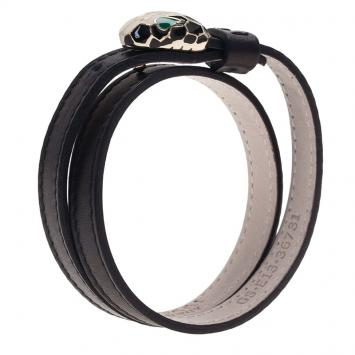 Pre Owned Bvlgari Serpenti Double Coiled Black Leather Bracelet