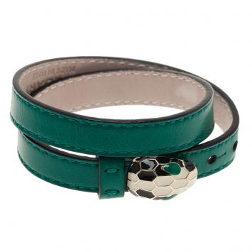 Pre Owned Bvlgari Serpenti Double Coiled Green Leather Bracelet