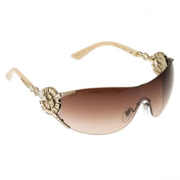 Pre Owned Bvlgari Cream Limited Edition Crystal Embellished Shield Sunglasses