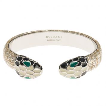 Pre Owned Bvlgari Serpenti Enamel Leather Palladium Plated Open Cuff Bracelet Size 15cm