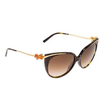 Pre Owned Bvlgari 8089-K Brown Floral Embellished Rose Gold Plated Cat Eye Sunglasses