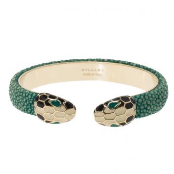 Pre Owned Bvlgari Serpenti Forever Enamel & Green Galuchat Leather Gold Plated Open Cuff Bracelet 17cm