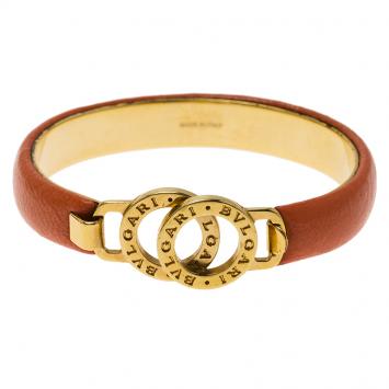 Pre Owned Bvlgari Bvlgari Coral Leather Gold Tone Bangle Bracelet 17cm