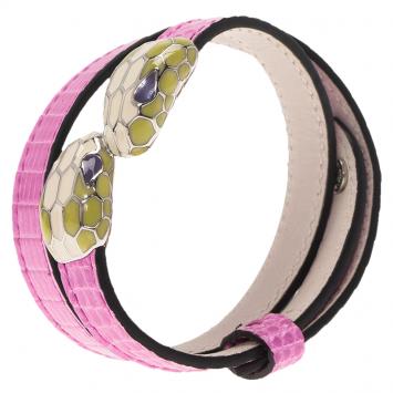 Pre Owned Bvlgari Serpenti Pink Lizard Leather Double Coiled Bracelet
