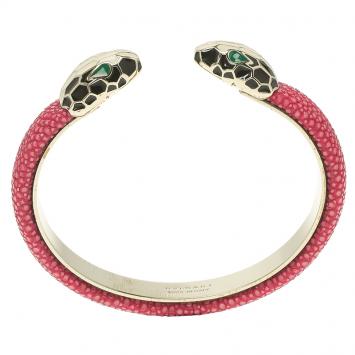 Pre Owned Bvlgari Serpenti Forever Enamel & Pink Galuchat Leather Gold Plated Open Cuff Bracelet 17 cm