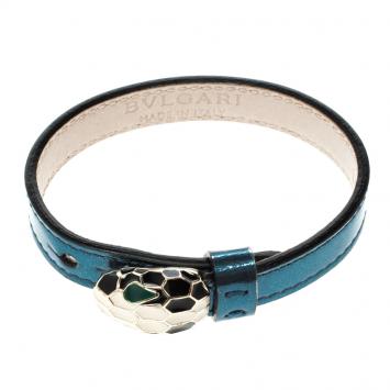 Pre Owned Bvlgari Serpenti Enamel Gold Plated Metallic Blue Leather Bracelet