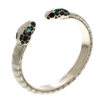 Pre Owned Bvlgari Serpenti Enamel Leather Gold Plated Open Cuff Bracelet Size 17cm