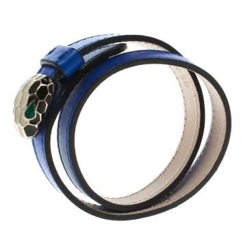 Pre Owned Bvlgari Serpenti Forever Enamel Blue Double Coiled Leather Gold Plated Bracelet