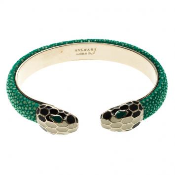 Pre Owned Bvlgari Serpenti Forever Enamel & Green Galuchat Leather Gold Plated Open Cuff Bracelet 17cm