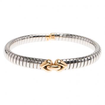 Pre Owned Bvlgari Tubogas Heart Flex Steel and Yellow Gold Bracelet Size 16