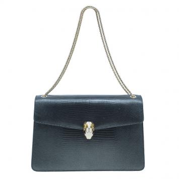 Pre Owned Bvlgari Metallic Lizard Skin Medium Serpenti Flap Shoulder Bag