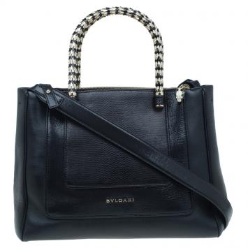 Pre Owned Bvlgari Black Snakeskin and Leather Medium Serpenti Tote