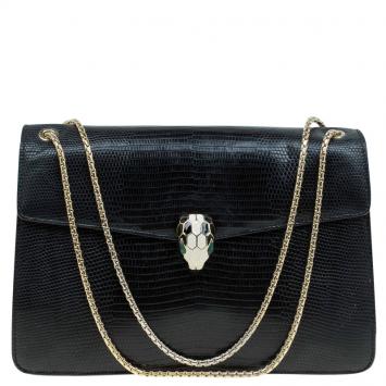 Pre Owned Bvlgari Black Lizard Skin Medium Serpenti Flap Shoulder Bag