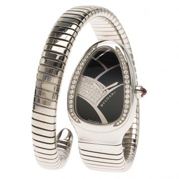 Pre Owned Bvlgari Black Stainless Steel Diamond Serpenti Women's Wristwatch 22MM