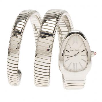 Pre Owned Bvlgari Silver Opaline Stainless Steel Serpenti Tubogas Double Spiral Women's Wristwatch 35MM