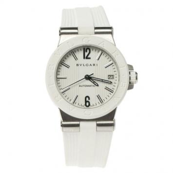 Pre Owned Bvlgari White Stainless Steel & Rubber Diagono DG 35 SV Women's Wristwatch 35MM