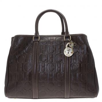 Pre Owned Carolina Herrera Choco Brown Monogram Leather Matteo Tote