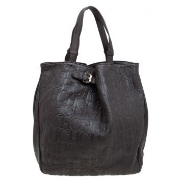 Pre Owned Carolina Herrera Dark Brown Monogram Leather Balmoral Tote