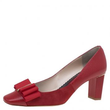 Pre Owned Carolina Herrera Red Leather and Suede Bow Pumps Size 39