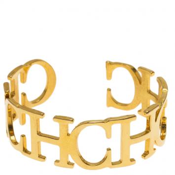 Pre Owned CH Carolina Herrera Logo Gold Tone Cuff Bracelet