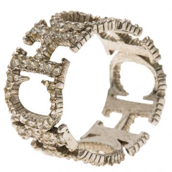 Pre Owned CH Carolina Herrera Crystal Studded Logo Silver Tone Ring Size 57