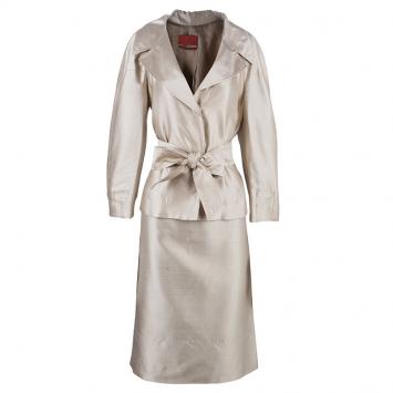 Pre Owned Carolina Herrera Beige Silk Skirt Suit L