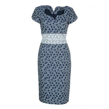 Pre Owned Carolina Herrera Blue and White Jacquard Cap Sleeve Dress M