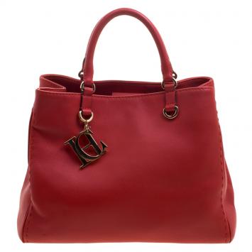 Pre Owned Carolina Herrera Red Leather Charm Shopping Tote