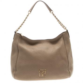 Pre Owned Carolina Herrera Beige Pebbled Leather Hobo