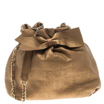 Pre Owned Carolina Herrera Gold Embossed Leather Bow Bucket Shoulder Bag