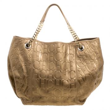 Pre Owned Carolina Herrera Bronze Monogram Embossed Leather Dahlia Hobo