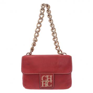 Pre Owned Carolina Herrera Red Leather Double Flap Chain Bag